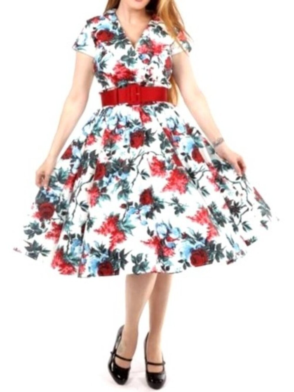 Pinup Couture Birdie Fit Flare Dress White Red Floral Cotton Stretch Full Skirt